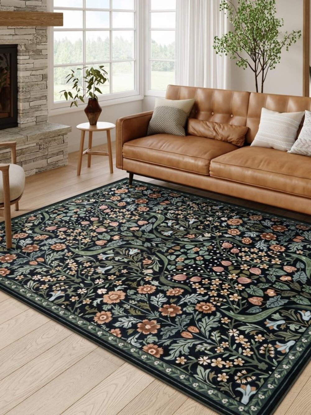 Black Vintage Floral Rug, 5x7 Washable Area Rugs for Living Room